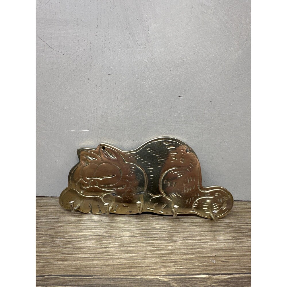 Vintage 1980s Solid Brass Garfield The Cat Wall Mount Key Holder Organizer